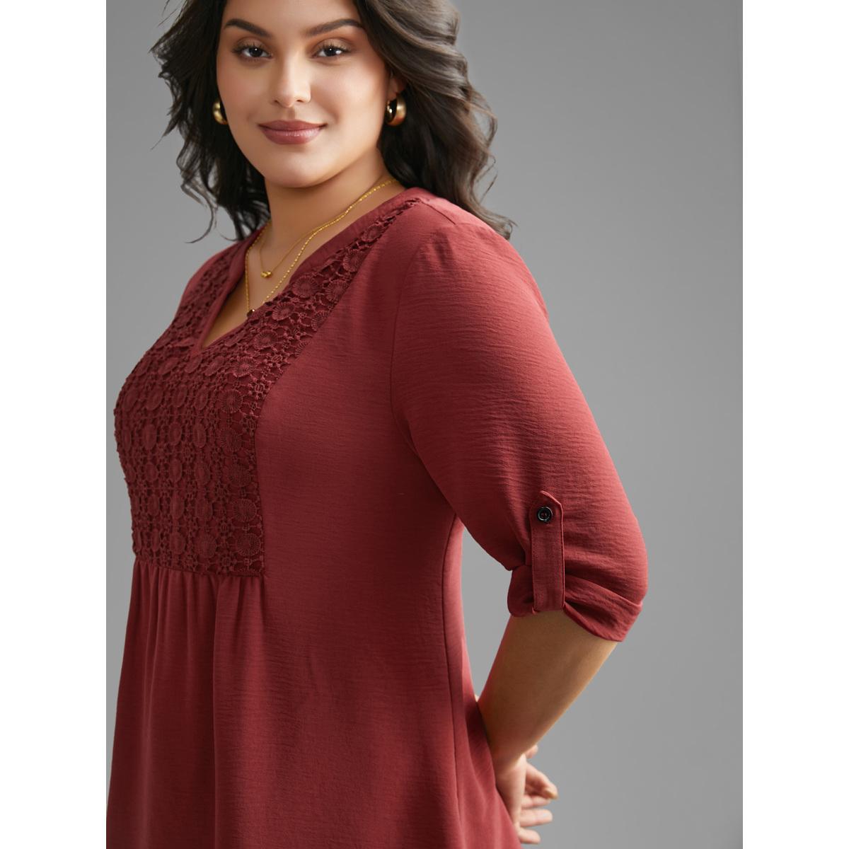 Plus Size Russet Notched Lace Panel Tab Sleeve Blouse Women Elegant Elbow-length sleeve Flat collar with V-notch Everyday Blouses BloomChic 28/5X Product Image