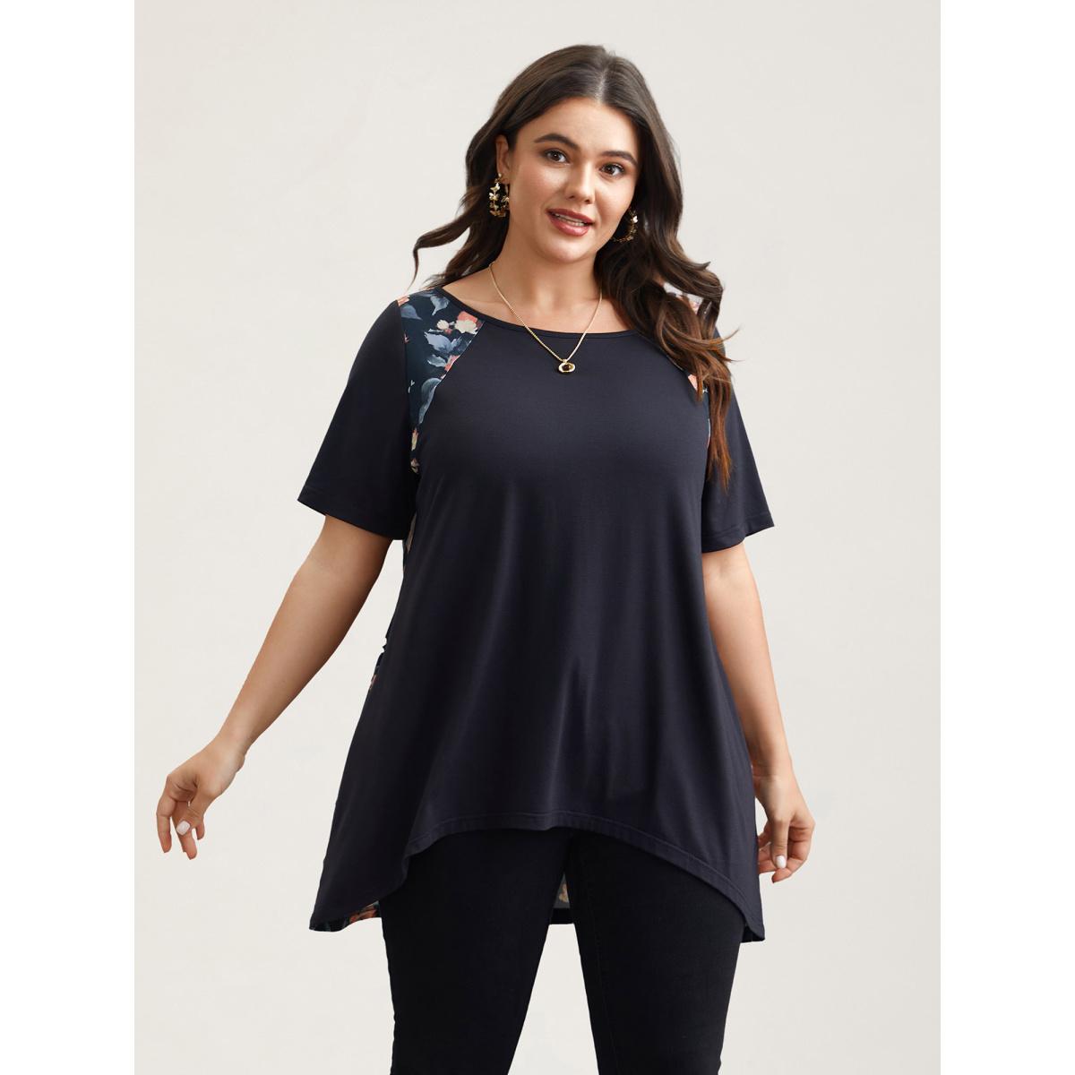 Plus Size Round Neck Floral Print Patchwork Half Sleeve T-Shirt Midnight Women Elegant Contrast Natural Flowers Boat Neck Loose Everyday T-shirts BloomChic 22-24/3X Product Image