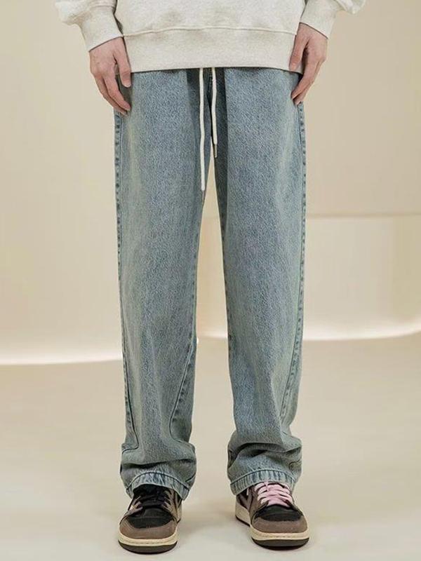 Men's Coconut Tree Embroidery Print Drawstring Loose Jeans Product Image