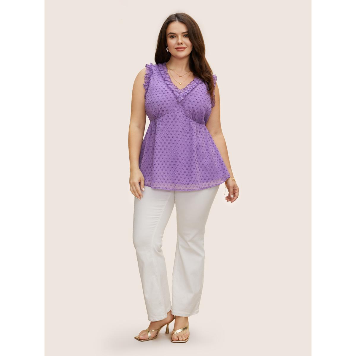 Plus Size V Neck Chiffon Textured Frill Trim Tank Top Women Mauve Elegant Texture V-neck Everyday Tank Tops Camis BloomChic 12/L Product Image