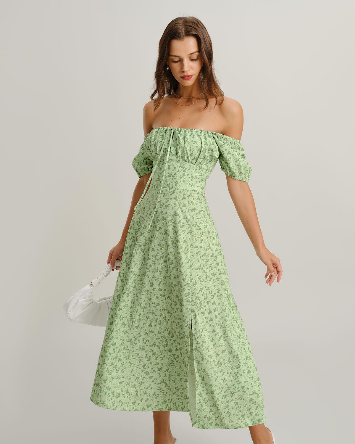 Green Floral Square Neck Puffed Sleeve Midi Dress Product Image