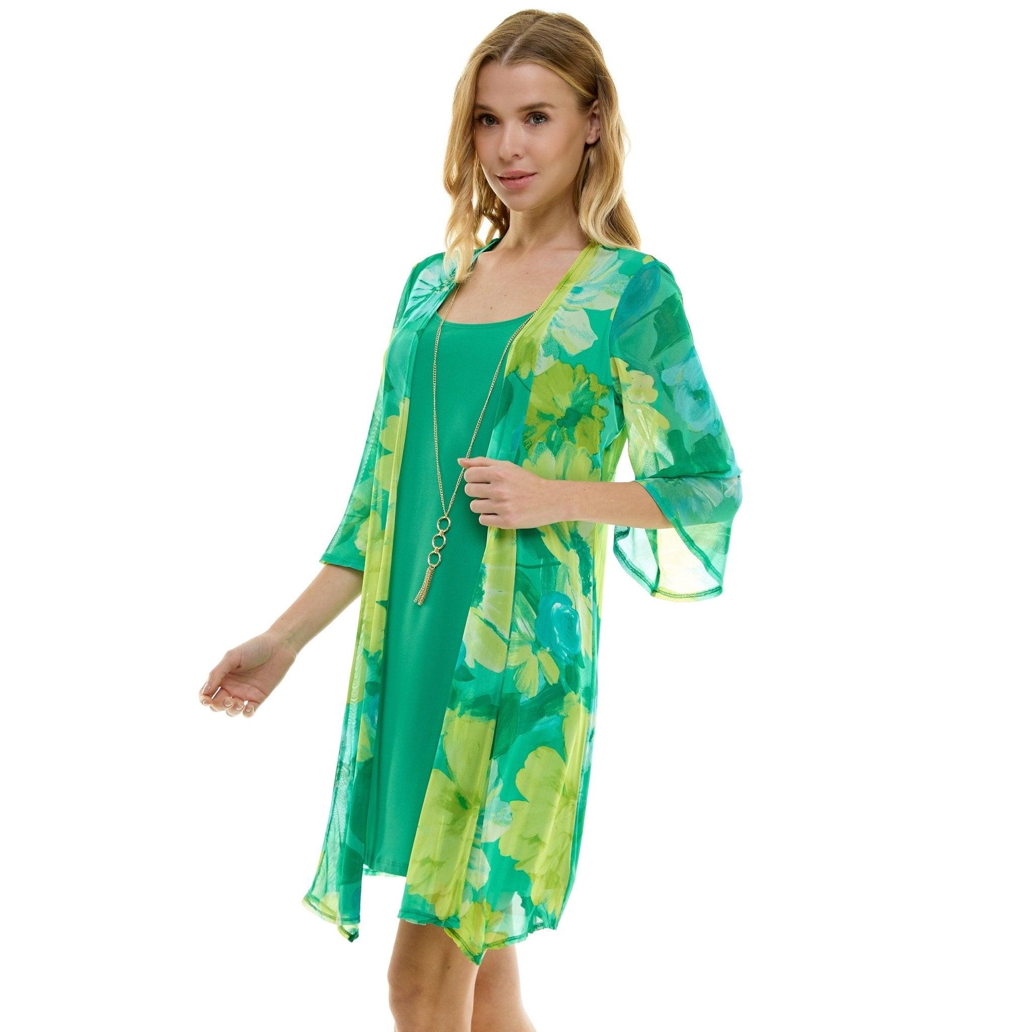 Sara Michelle Green Floral 3/4 2Fer Tank Dress W/ Necklace Product Image