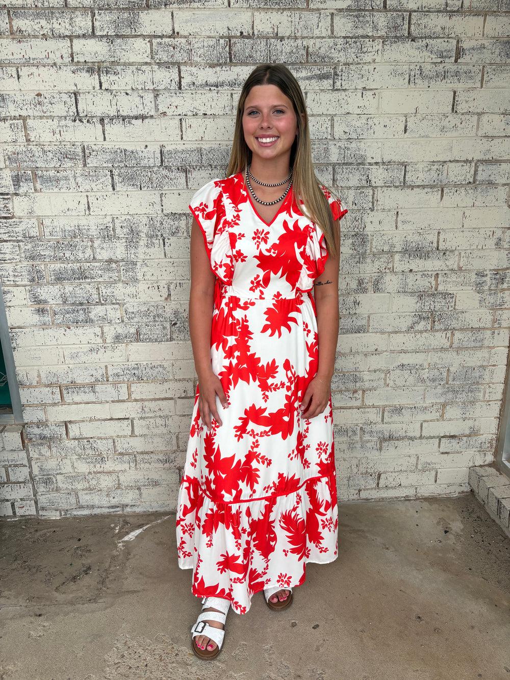 Floral Trimmed V-Neck Ruffle Sleeve Long Dress Product Image