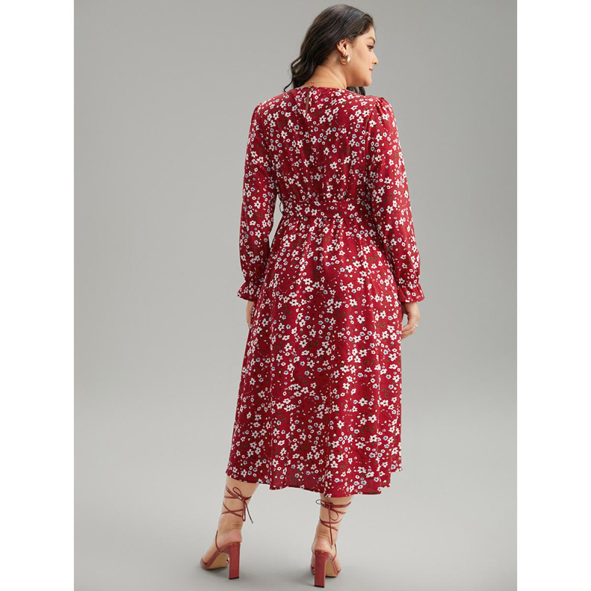 Plus Size Ditsy Floral Belted Ruffle Sleeve Dress Scarlet Women Elegant Belted Round Neck Long Sleeve Curvy Midi Dress BloomChic 28/5X Product Image