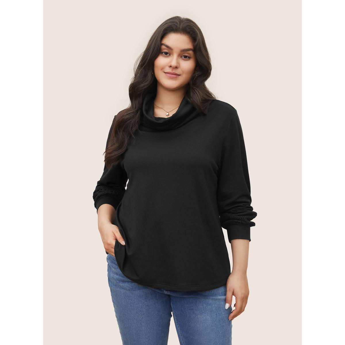Plus Size Plain Turtle Neck Crochet Lace Sweatshirt Women Black Casual Non Turtleneck Everyday Sweatshirts BloomChic 12/L Product Image