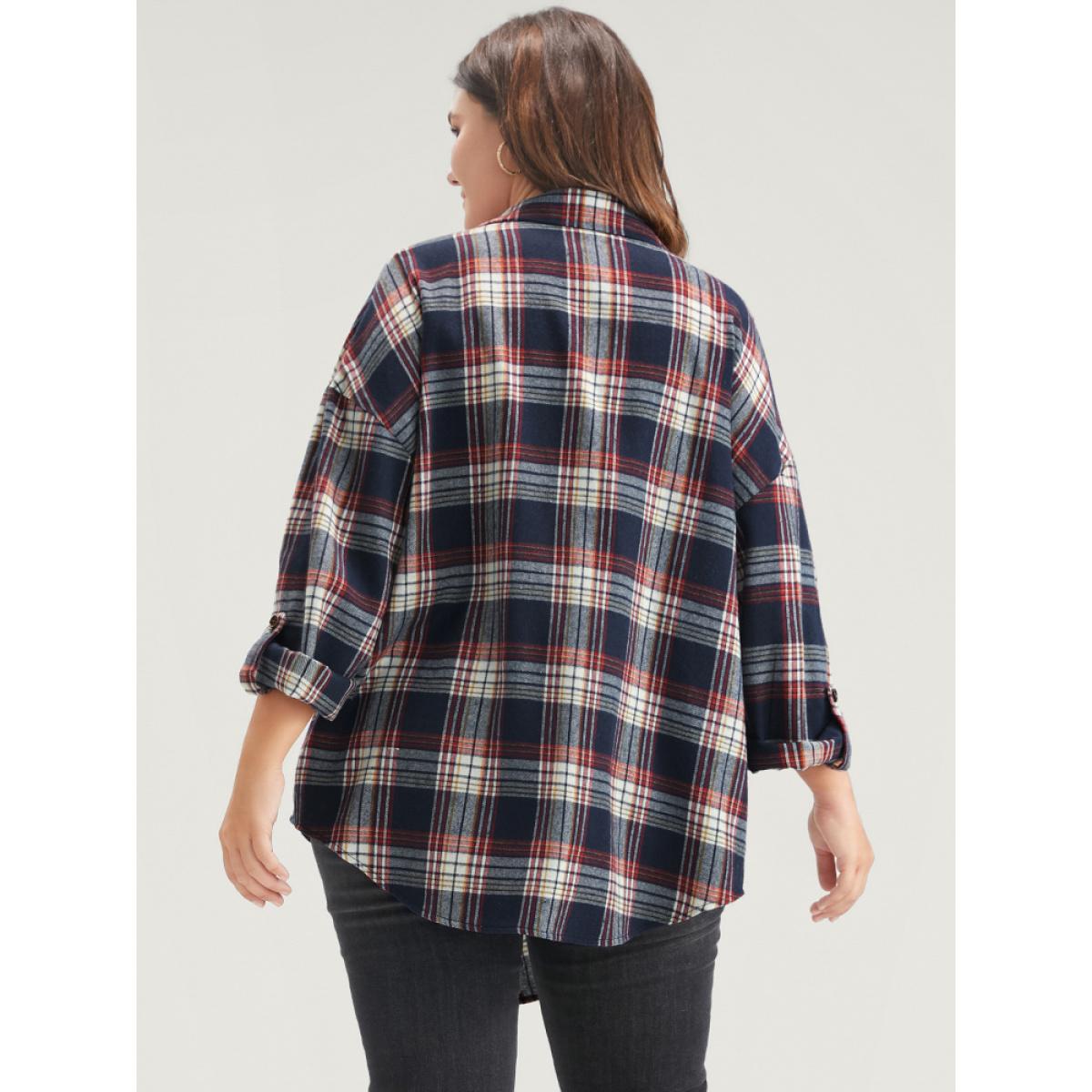 Plus Size Plaid Cuffed Sleeve Asymmetrical Waterfall Collar Coat Women DarkBlue Elegant Asymmetrical Ladies Dailywear Winter Coats BloomChic 12/L Product Image