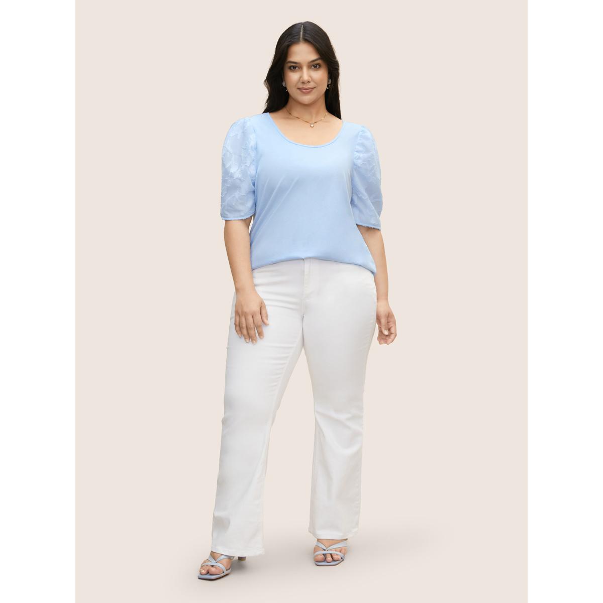 Plus Size U Neck Chiffon Patchwork Bishop Sleeve T-shirt LightBlue Women Elegant Gathered U-neck Everyday T-shirts BloomChic 22-24/3X Product Image