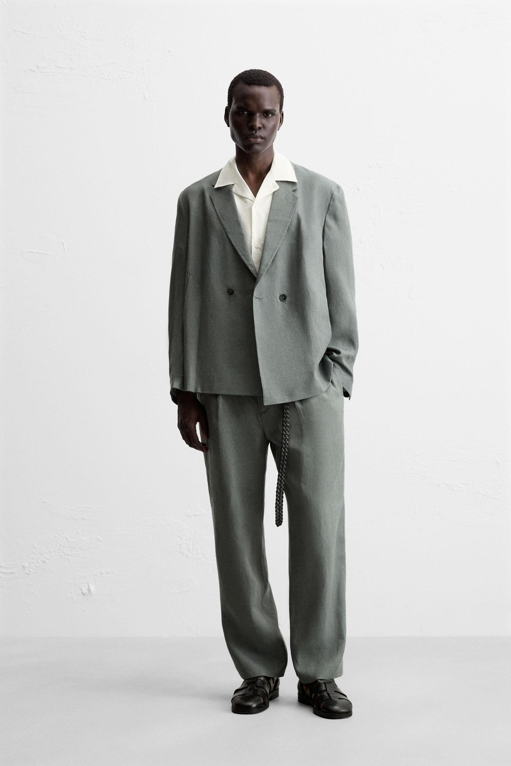 100% LINEN DOUBLE BREASTED SUIT BLAZER Product Image