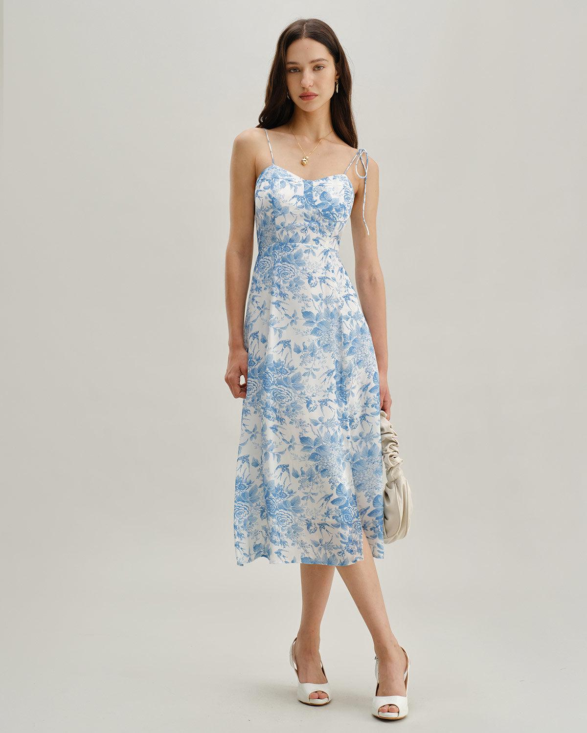 The Blue Sweetheart Neck Shirred Midi Dress Product Image