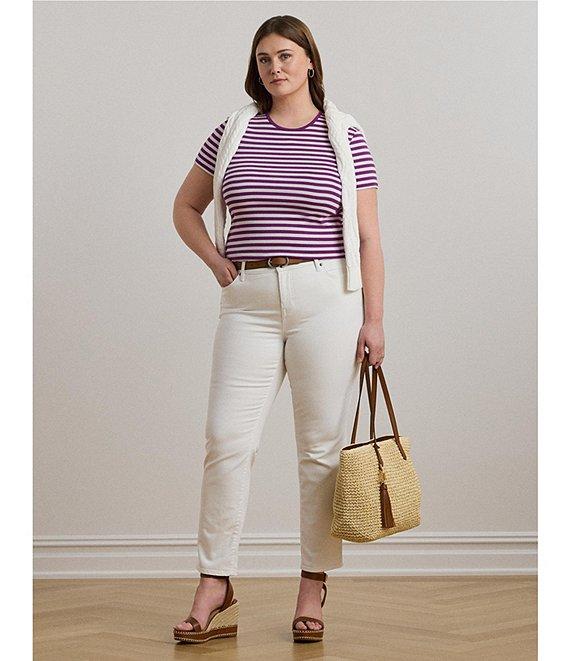 Lauren Ralph Lauren Plus Size Striped Stretch Ribbed Crew Neck Short Sleeve T-Shirt Product Image