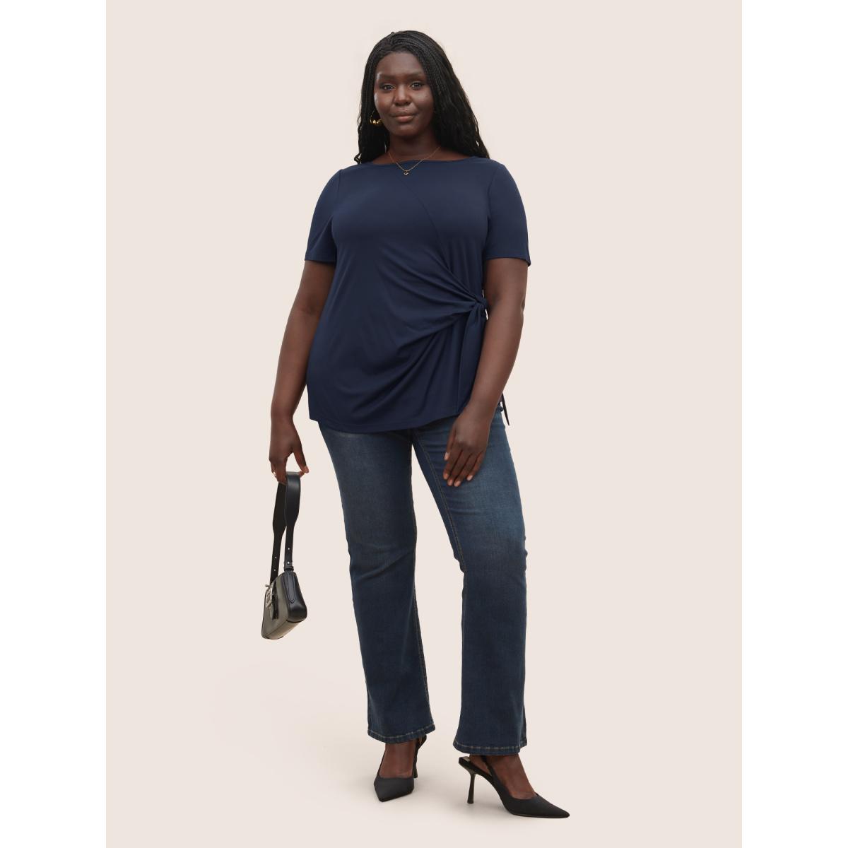 Plus Size Plain Ties Round Neck T-shirt Midnight Women Elegant Non Plain Round Neck Everyday T-shirts BloomChic 22-24/3X Product Image