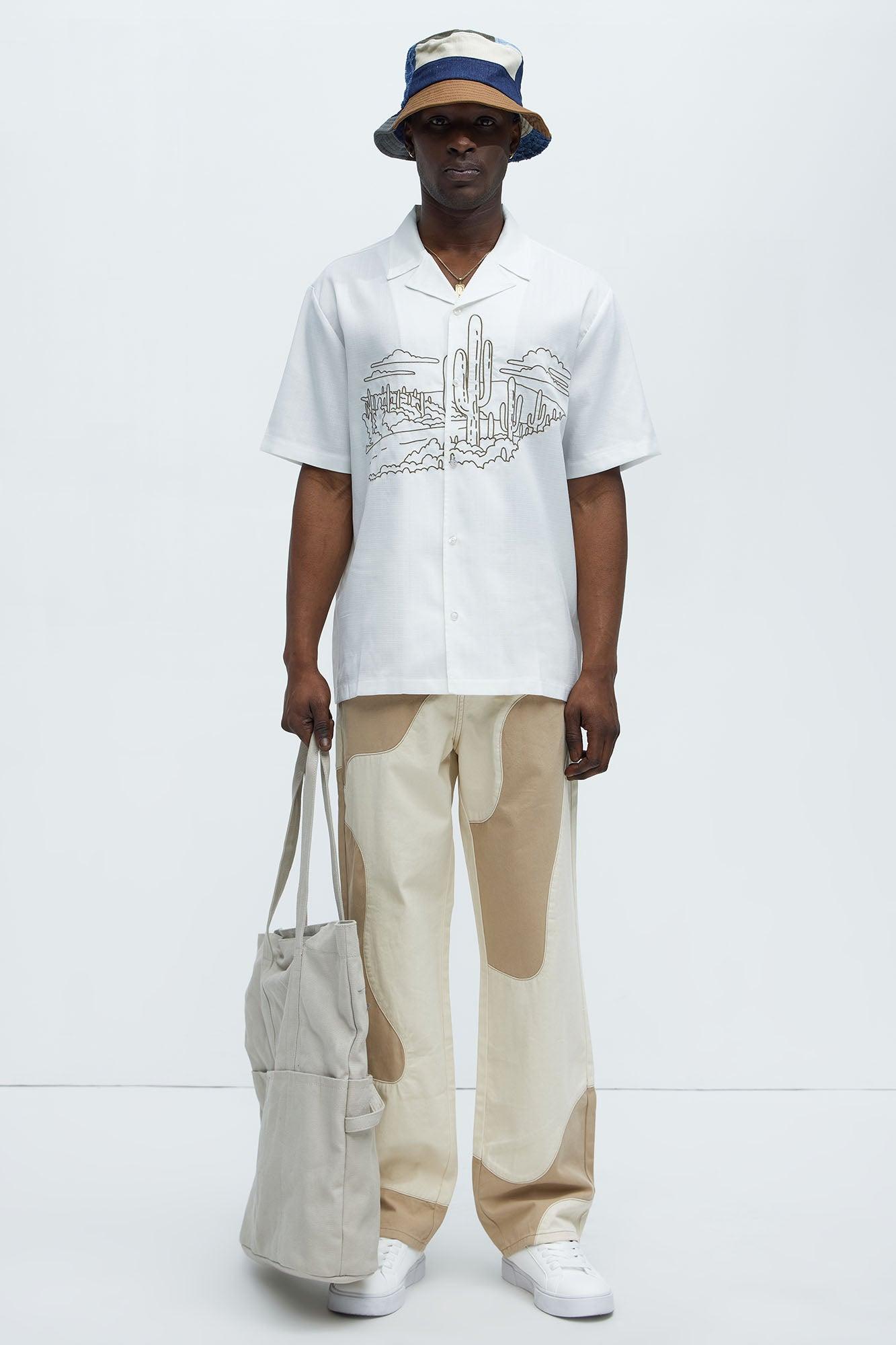 Desert Embroidered Cuban Collar Button Up - White Product Image