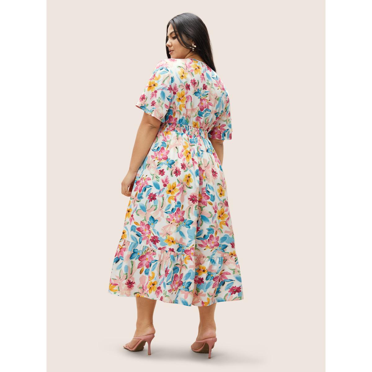 Plus Size Floral Overlap Collar Shirred Ruffle Sleeve Dress White Women Elegant Overlapping Overlap Collar Short sleeve Curvy BloomChic 10/M Product Image