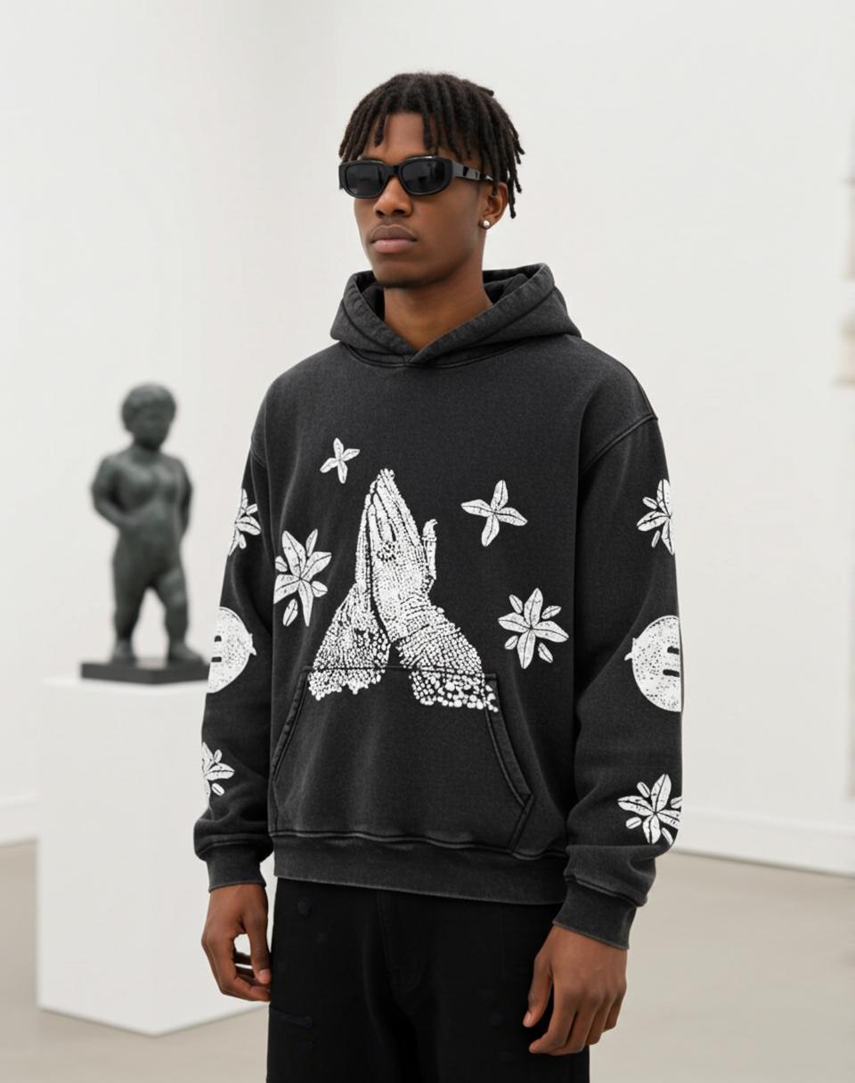 Vintage Prayer Madonna Graphic Acid Washed Oversized Hoodie Product Image