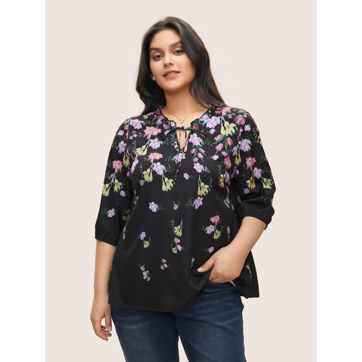 Plus Size Black Boho Print Tie Neck Frill Trim Blouse Women Elegant Elbow-length sleeve Notched collar Everyday Blouses BloomChic 14-16/1X Product Image