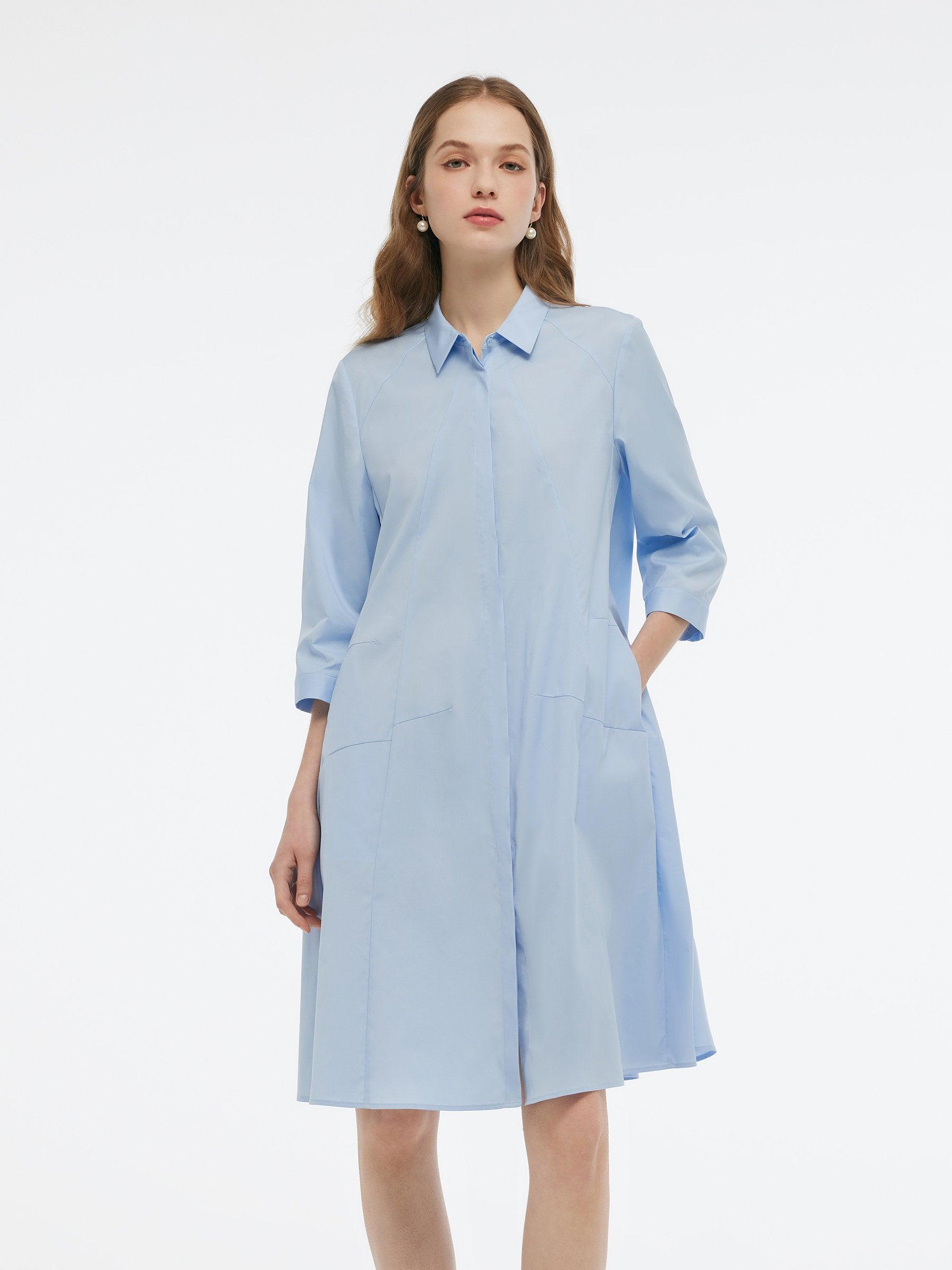 A-Line Button Up Women 3/4 Sleeve Shirt Midi Dress With Ribbon Product Image