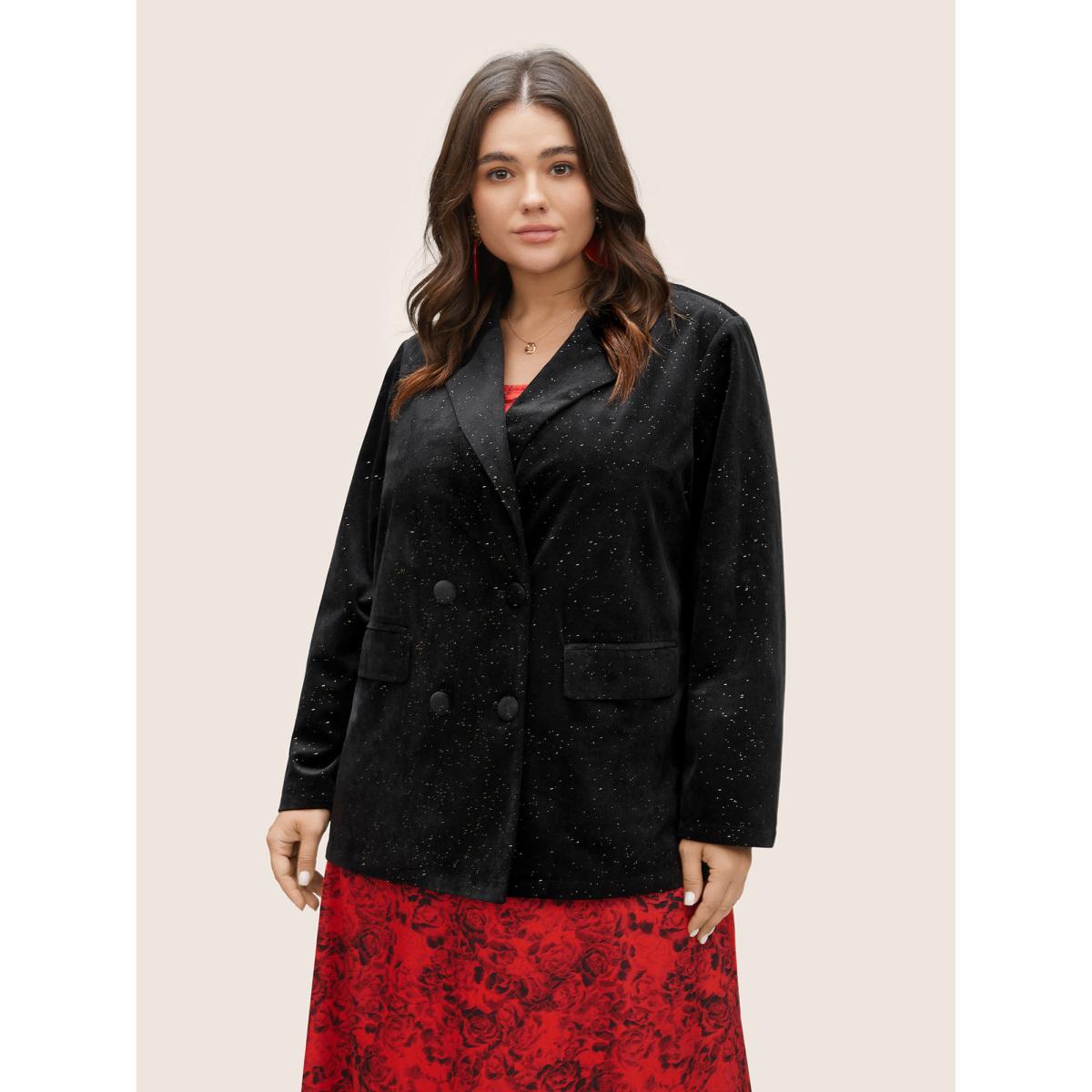 Plus Size Galaxy Glitter Pocket Suit Collar Blazer Black Women Party Plain Non Sleeve Long Sleeve Suit Collar 26/4X Open pocket with flap Cocktail Blazers BloomChic Product Image