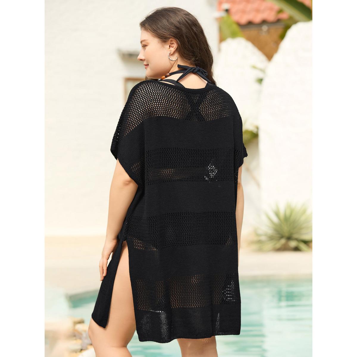 Plus Size One-Sided Drawstring Hollow Knit Swim Cover-Up Women's Swimwear Black Beach Loose Cut-Out Curve Swim Cover Ups BloomChic 10/M Product Image