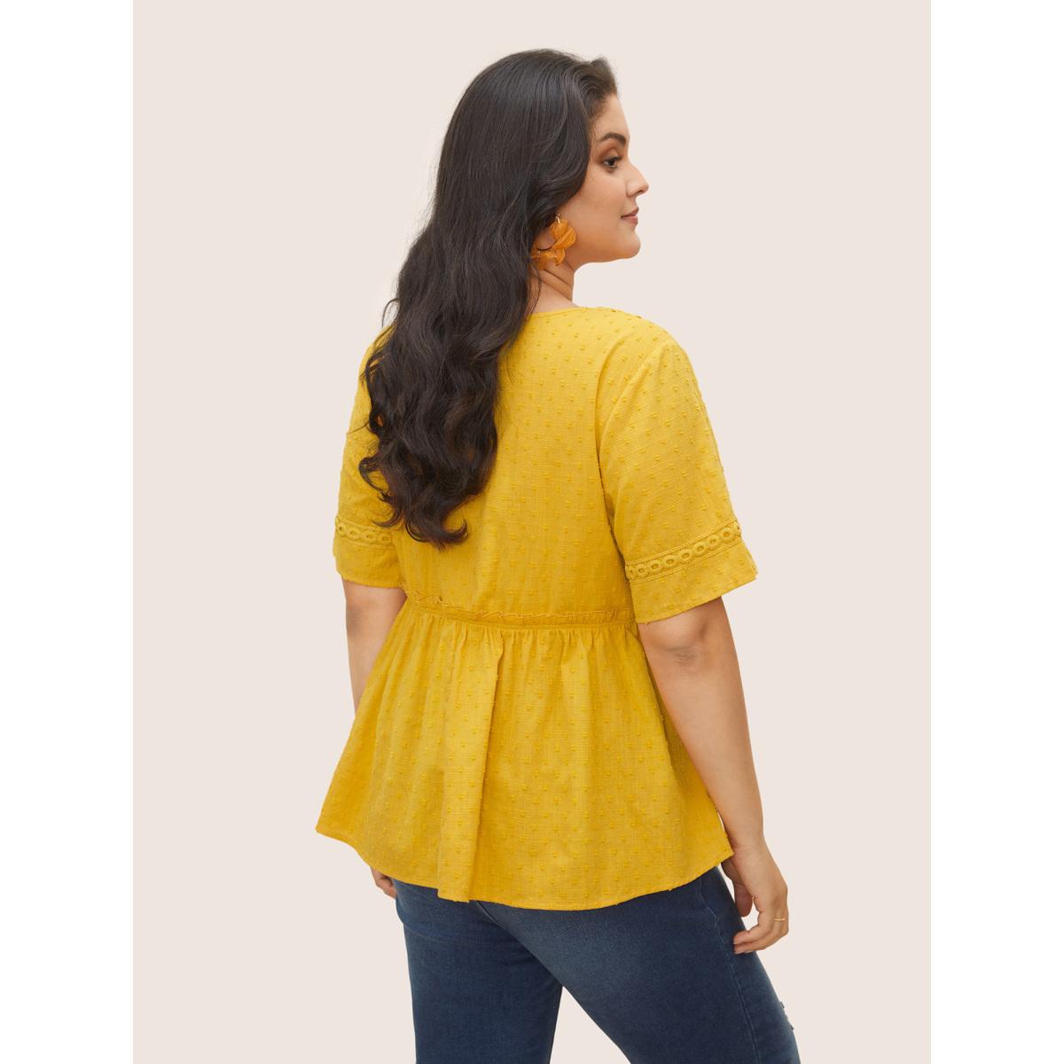 Plus Size Yellow Solid Woven Ribbon Frill Trim Gathered Blouse Women Resort Short sleeve V-neck Vacation Blouses BloomChic 22-24/3X Product Image
