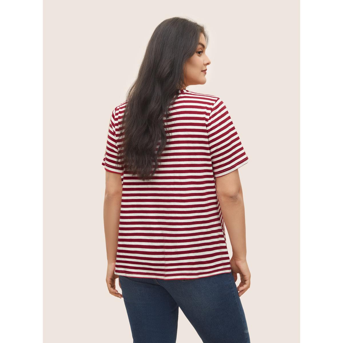 Plus Size Cotton Contrast Striped V Neck T-shirt Scarlet Women Casual Contrast Striped V-neck Everyday T-shirts BloomChic 28/5X Product Image