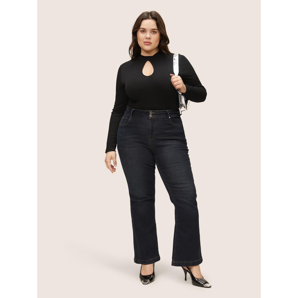 Plus Size Supersoft Essentials Cut Out Rib Knit Skinny T-shirt Black Women Office Plain Plain Keyhole Cut-Out Skinny Dailywear T-shirts BloomChic 14-16/1X Product Image
