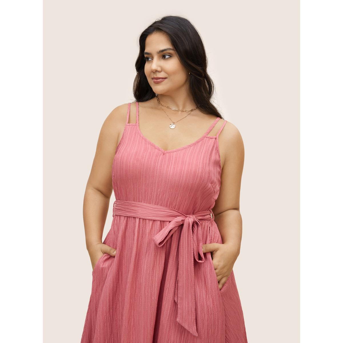 Plus Size Plain Texture Woven Ribbon Belted Dress Watermelon Women Elegant Woven ribbon&lace trim V-neck Sleeveless Curvy BloomChic 14-16/1X Product Image