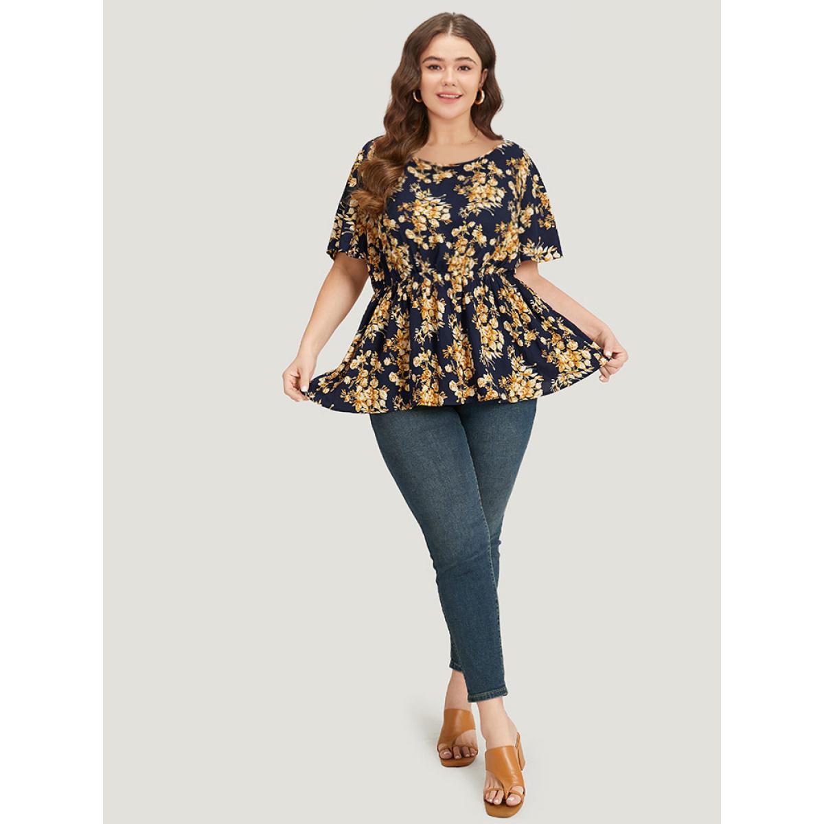 Plus Size Indigo Floral Print Flutter Sleeve Elastic Waist Blouse Women Elegant Short sleeve Round Neck Dailywear Blouses BloomChic 12/L Product Image