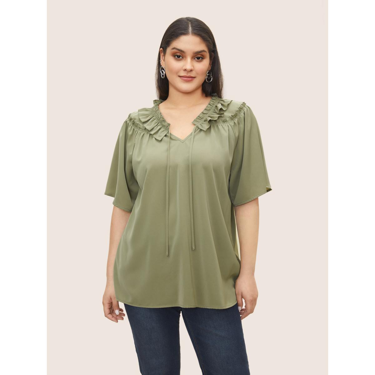 Plus Size Sage Plain Frill Trim Gathered Ruffle Sleeve Blouse Women At the Office Short sleeve V-neck Office Blouses BloomChic 22-24/3X Product Image