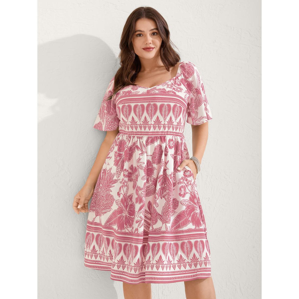 Plus Size Boho Print Fit Flare Pockets Midi Dress Blush Women Resort Non Heart neckline Short sleeve Curvy BloomChic 26/4X Product Image