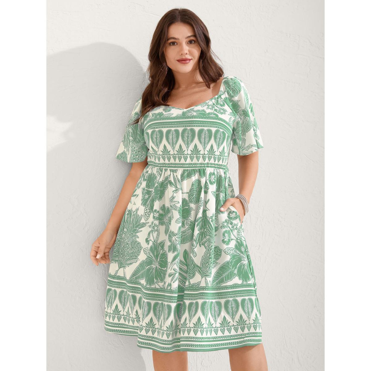 Plus Size Boho Print Fit Flare Pockets Midi Dress Mint Women Resort Non Heart neckline Short sleeve Curvy BloomChic 28/5X Product Image