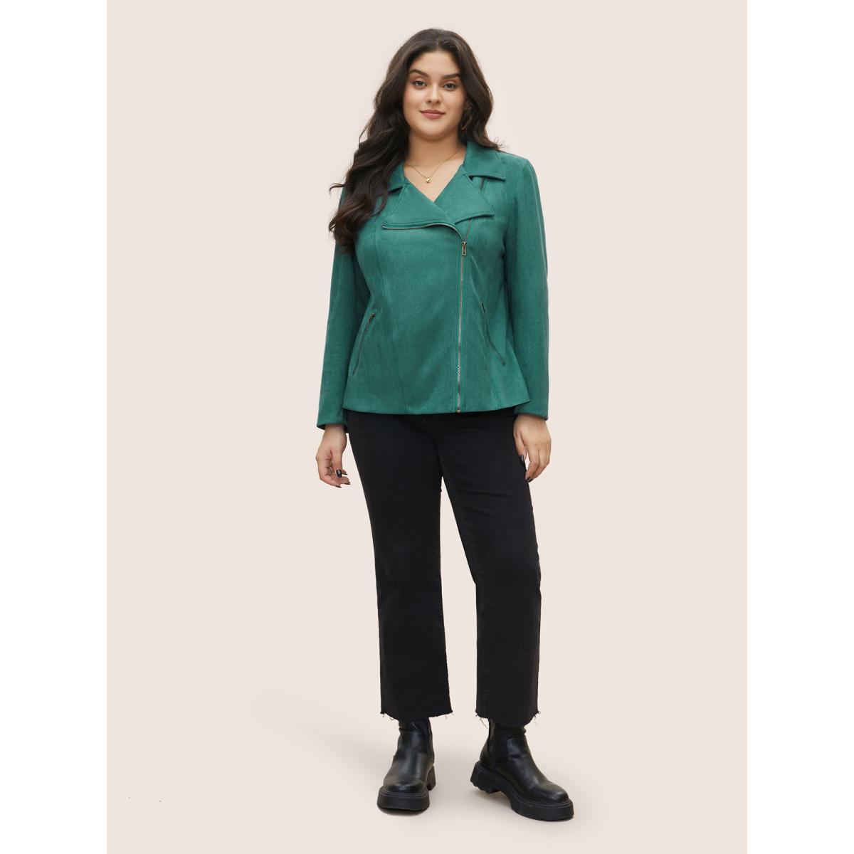 Plus Size Solid Faux Suede Zipper Lapel Collar Jacket Women Emerald Non Zippered pocket Everyday Jackets BloomChic 18-20/2X Product Image