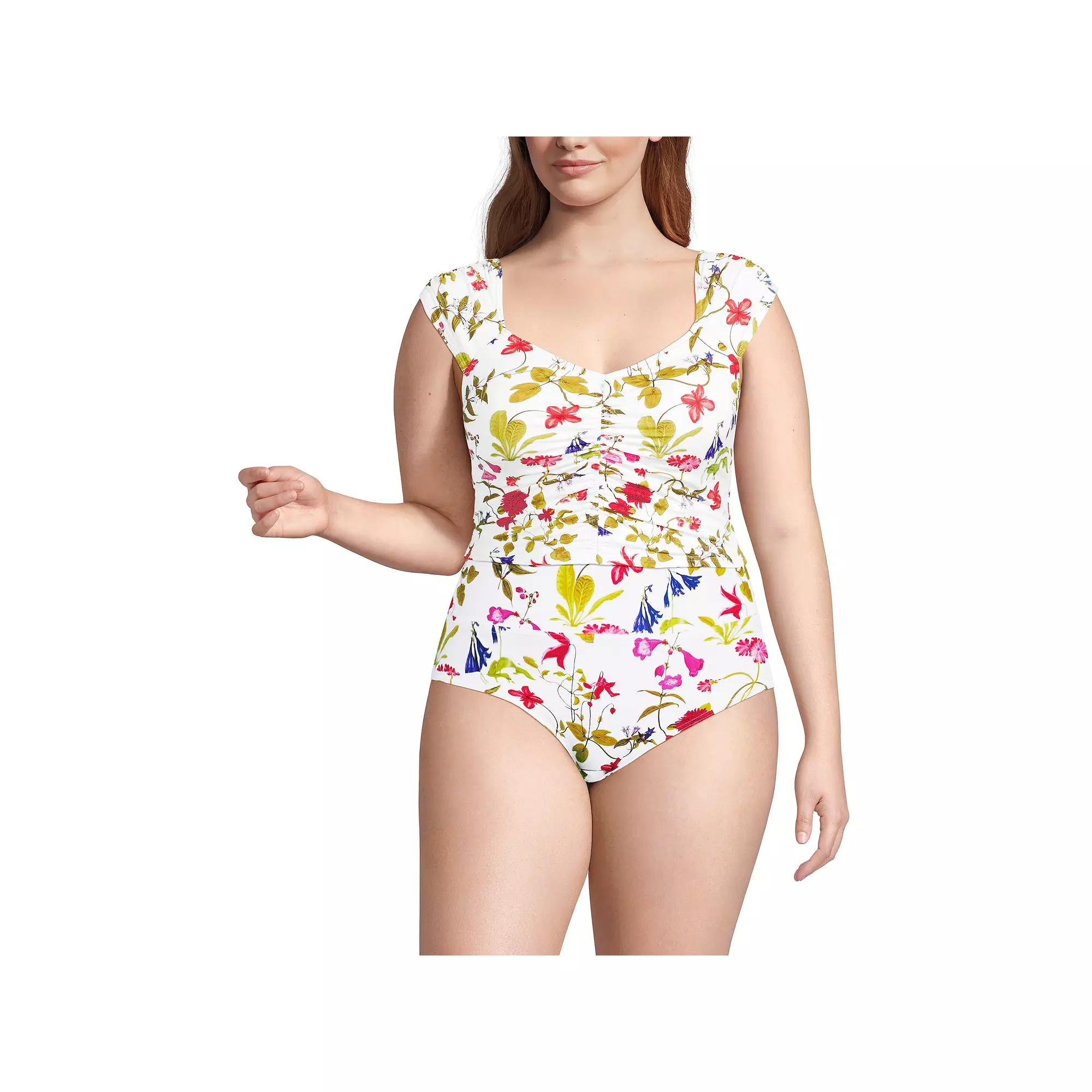 Plus Size Lands' End Ruched Cap Sleeve Tankini Top, Women's, Size: 18 W, White Garden Floral Product Image