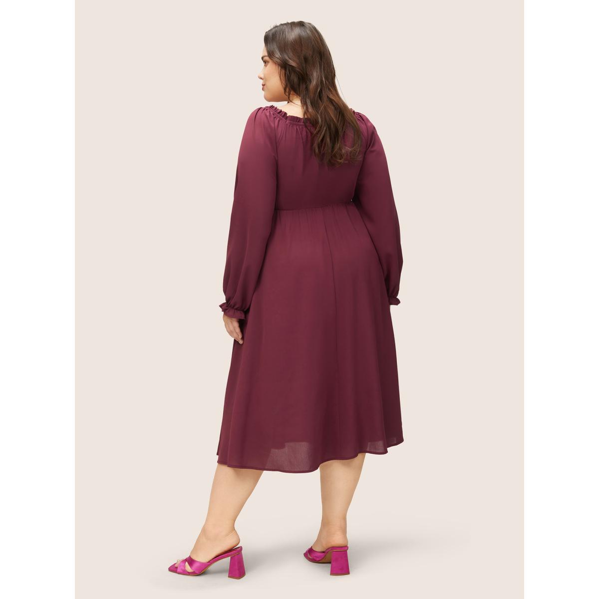 Plus Size Square Neck Shirred Pleated Frill Trim Dress RedViolet Women Elegant Non Square Neck Long Sleeve Curvy Midi Dress BloomChic 14-16/1X Product Image