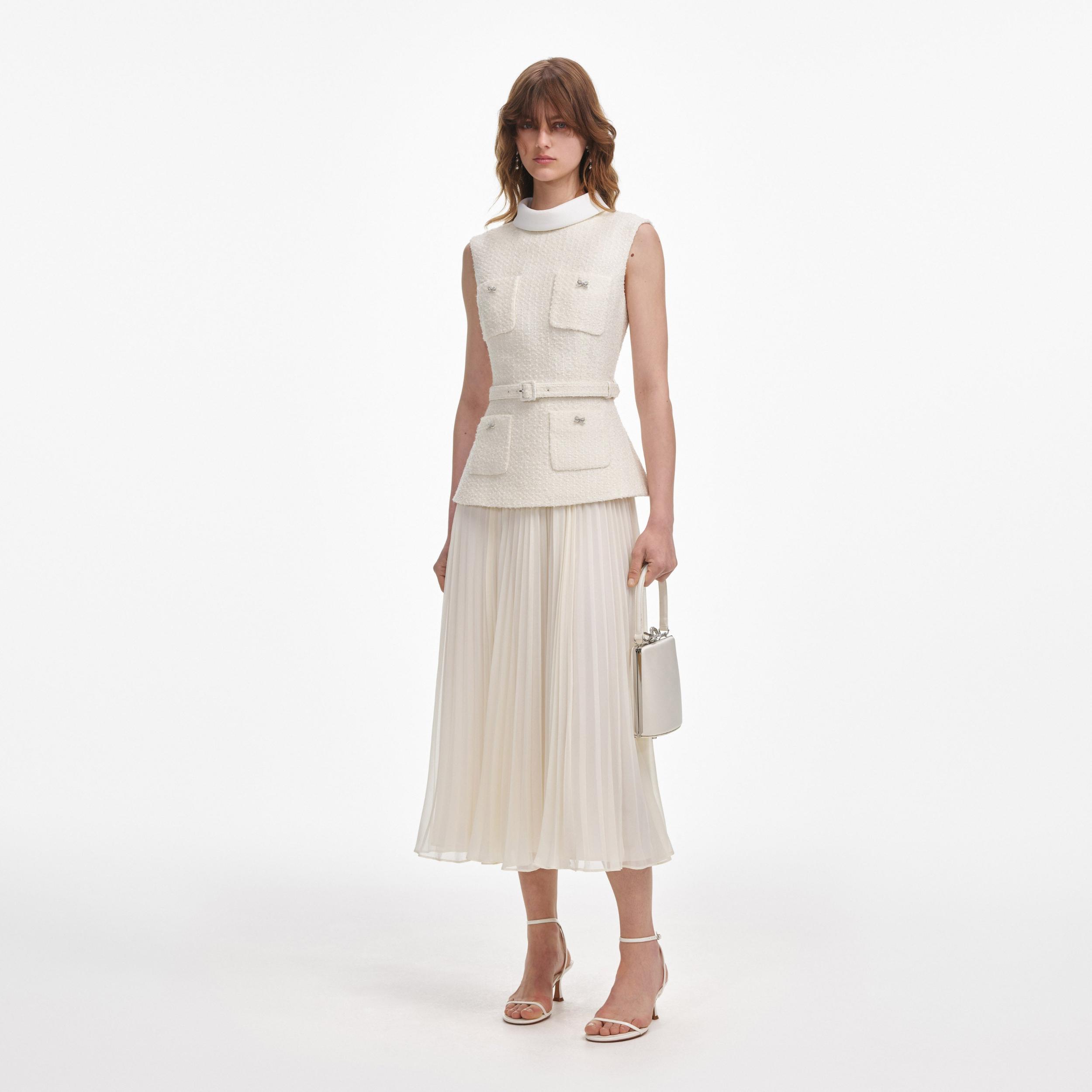 Cream Boucle Sleeveless Midi Dress Product Image