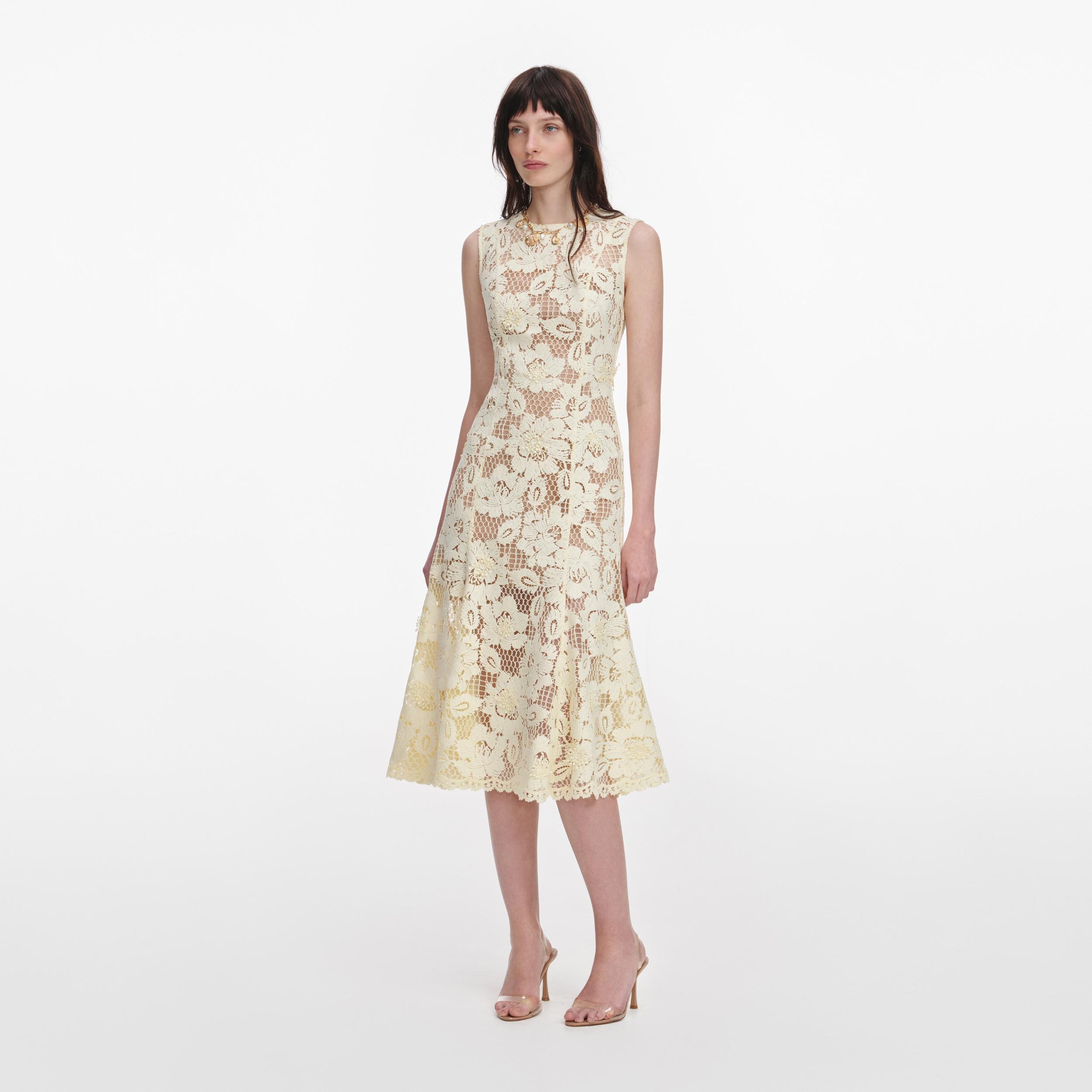 Yellow Crochet Lace Midi Dress Product Image