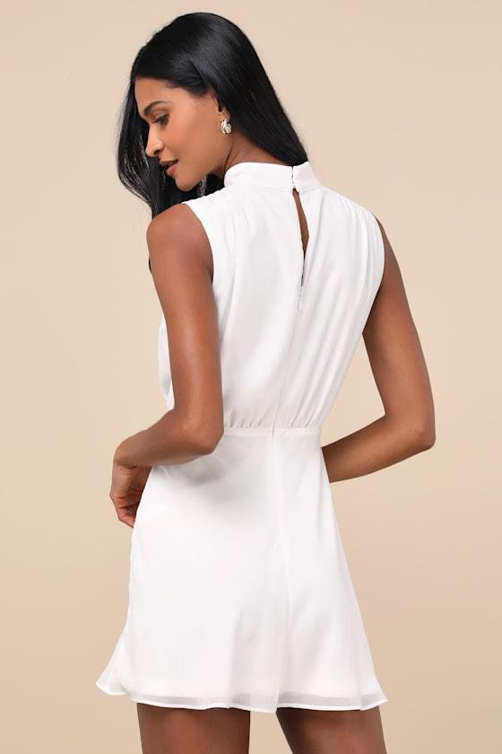 Classic Elegance White Chiffon Sleeveless Mock Neck Mini Dress Product Image