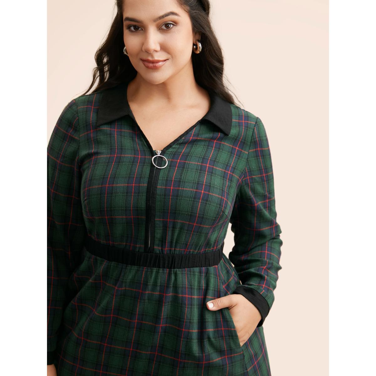 Plus Size Contrast Plaid O Ring Zipper Dress Emerald Women Office Contrast Shirt collar Long Sleeve Curvy BloomChic 22-24/3X Product Image
