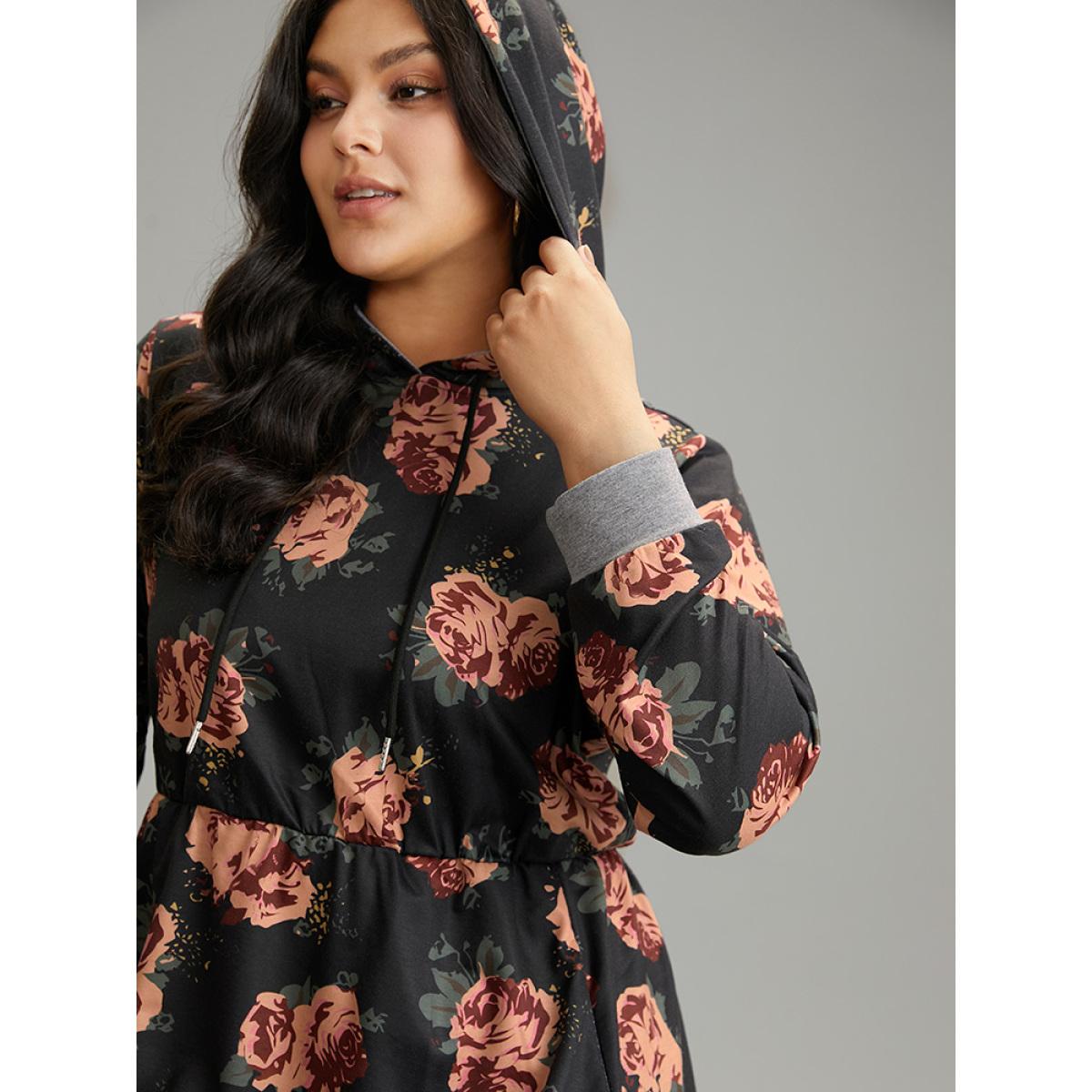 Plus Size Floral Elastic Waist Hooded Drawstring Pocket Dress Black Women Casual Printed Hooded Long Sleeve Curvy Midi Dress BloomChic 30/6X Product Image