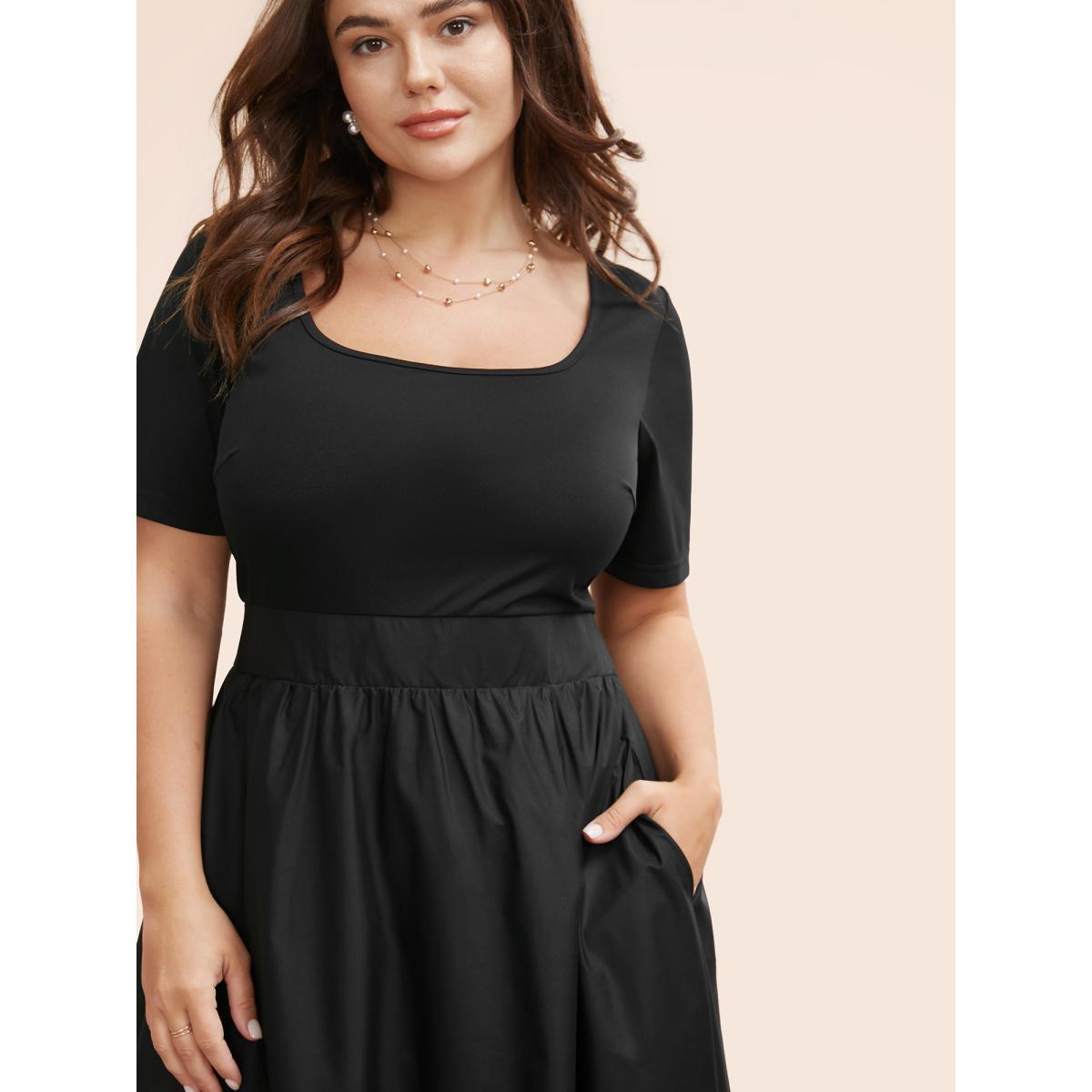 Plus Size Solid Shirred Bubble Hem Midi Dress Black Women Elegant Patchwork Square Neck Short sleeve Curvy BloomChic 22-24/3X Product Image