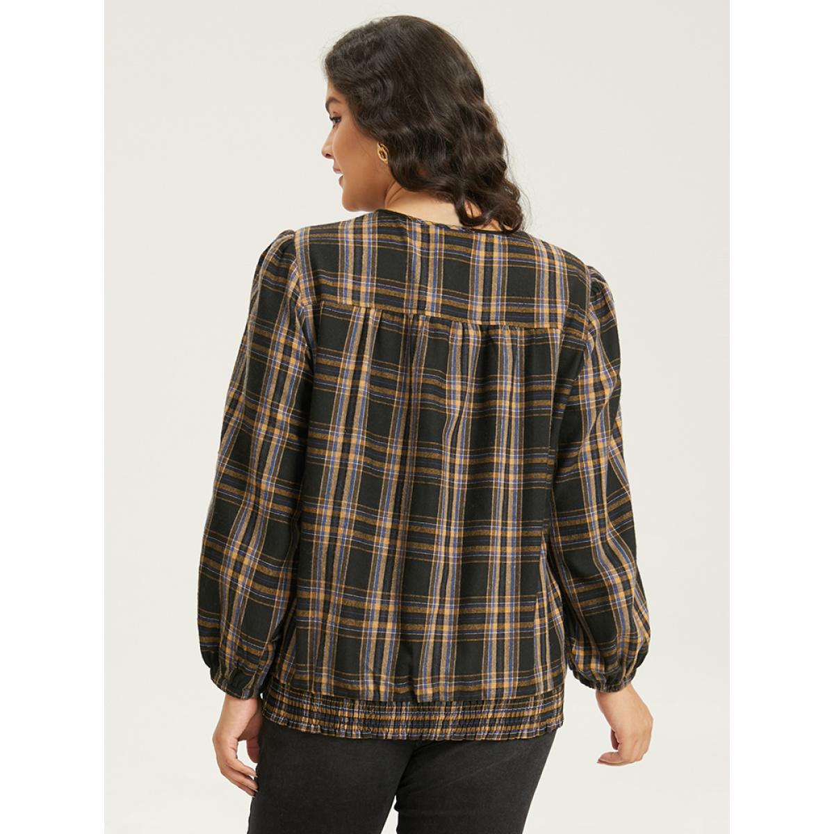 Plus Size Plaid Button Through Elastic Hem Shacket Women Black Elastic cuffs Pocket Dailywear Jackets BloomChic 28/5X Product Image