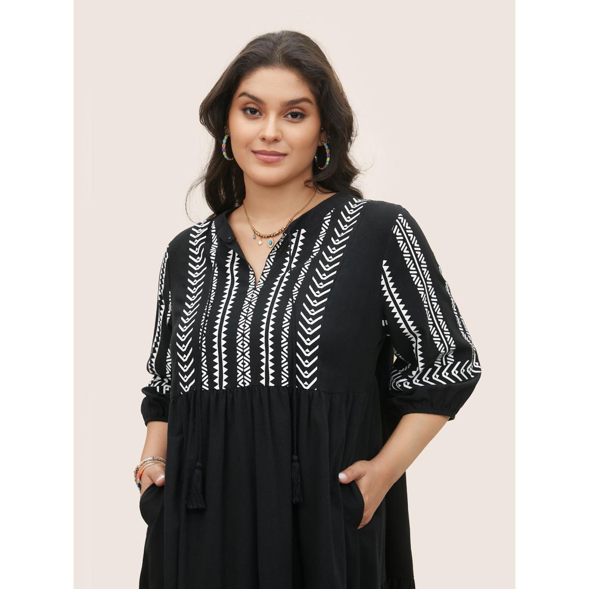 Plus Size Cotton Geometric Bandana Print Tassel Trim Dress Black Women Boho Non V-neck Short sleeve Curvy Knee Dress BloomChic 22-24/3X Product Image