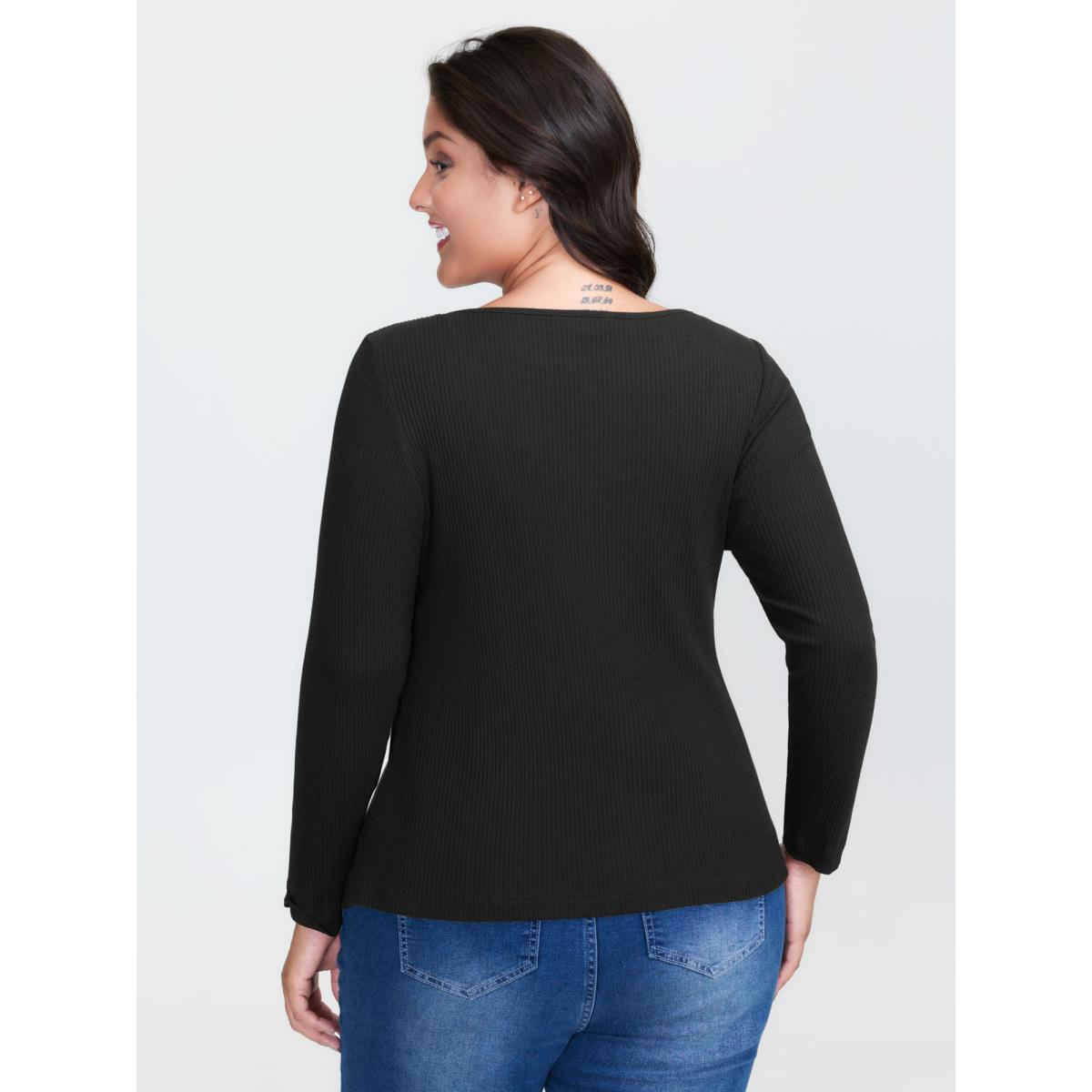 Plus Size Supersoft Bow Tie Detail Ribbed Knit Top Black Women Leisure Tie knot U-neck Bodycon Casual T-shirts BloomChic 30/6X Product Image