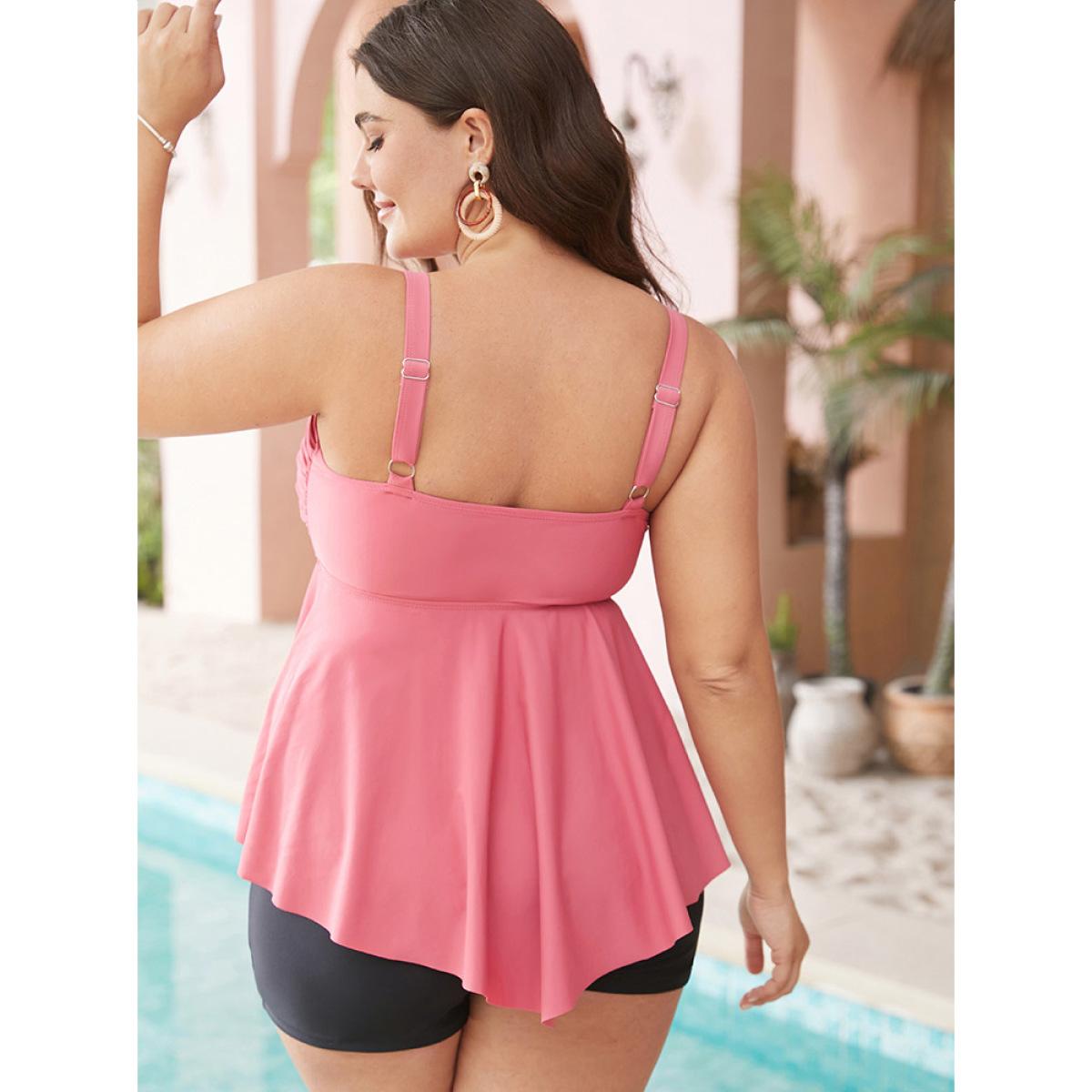 Plus Size Solid A Line Crossover Asymmetrical Hem Tankini Top Women's Swimwear Crepe Vacation Adjustable Straps High stretch Bodycon Spaghetti Strap Curve Swim Tops BloomChic 28/5X Product Image