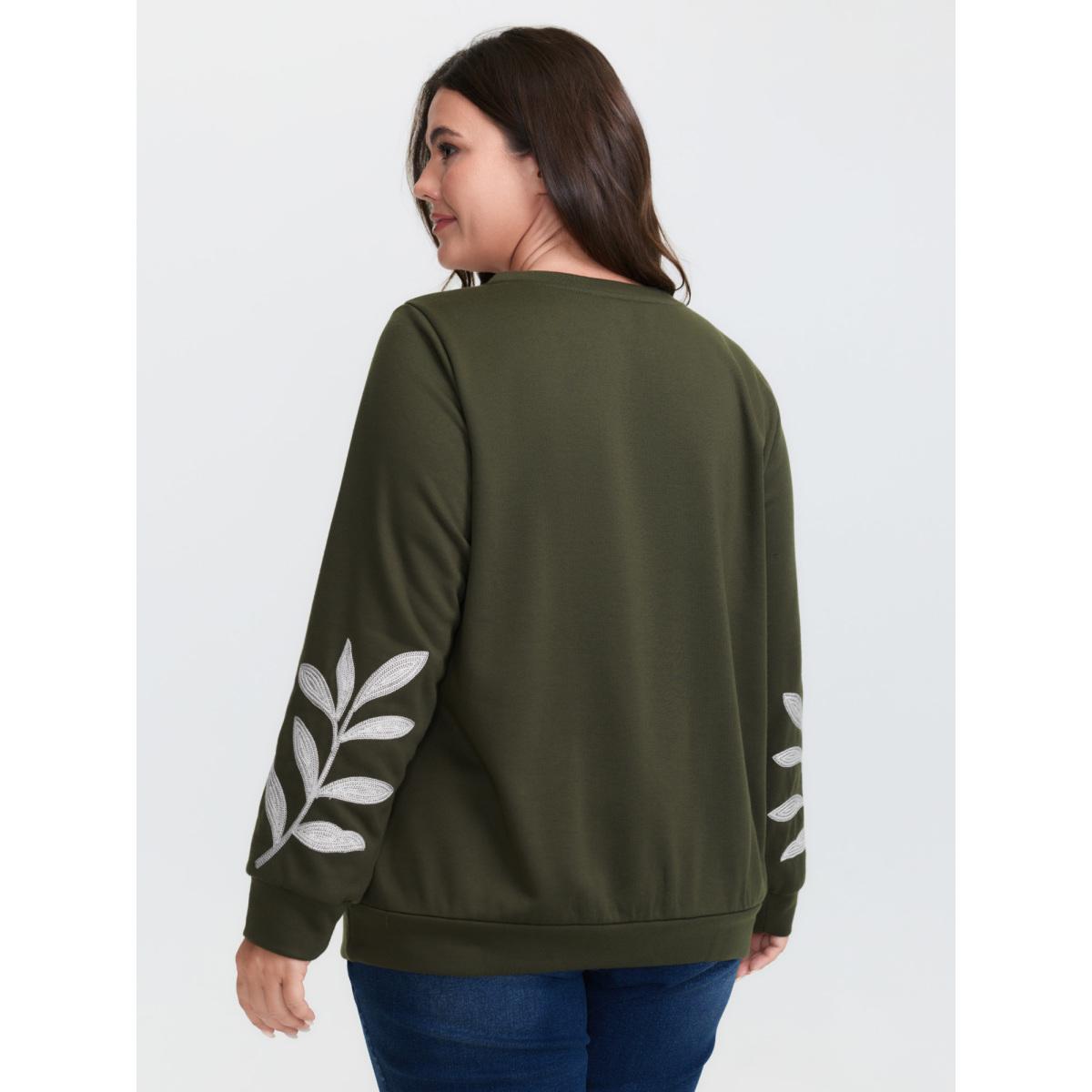 Plus Size Leaf Embroidered Sleeve Round Neck Sweatshirt Women ArmyGreen Leisure Embroidered Round Neck Casual Sweatshirts BloomChic 26/4X Product Image