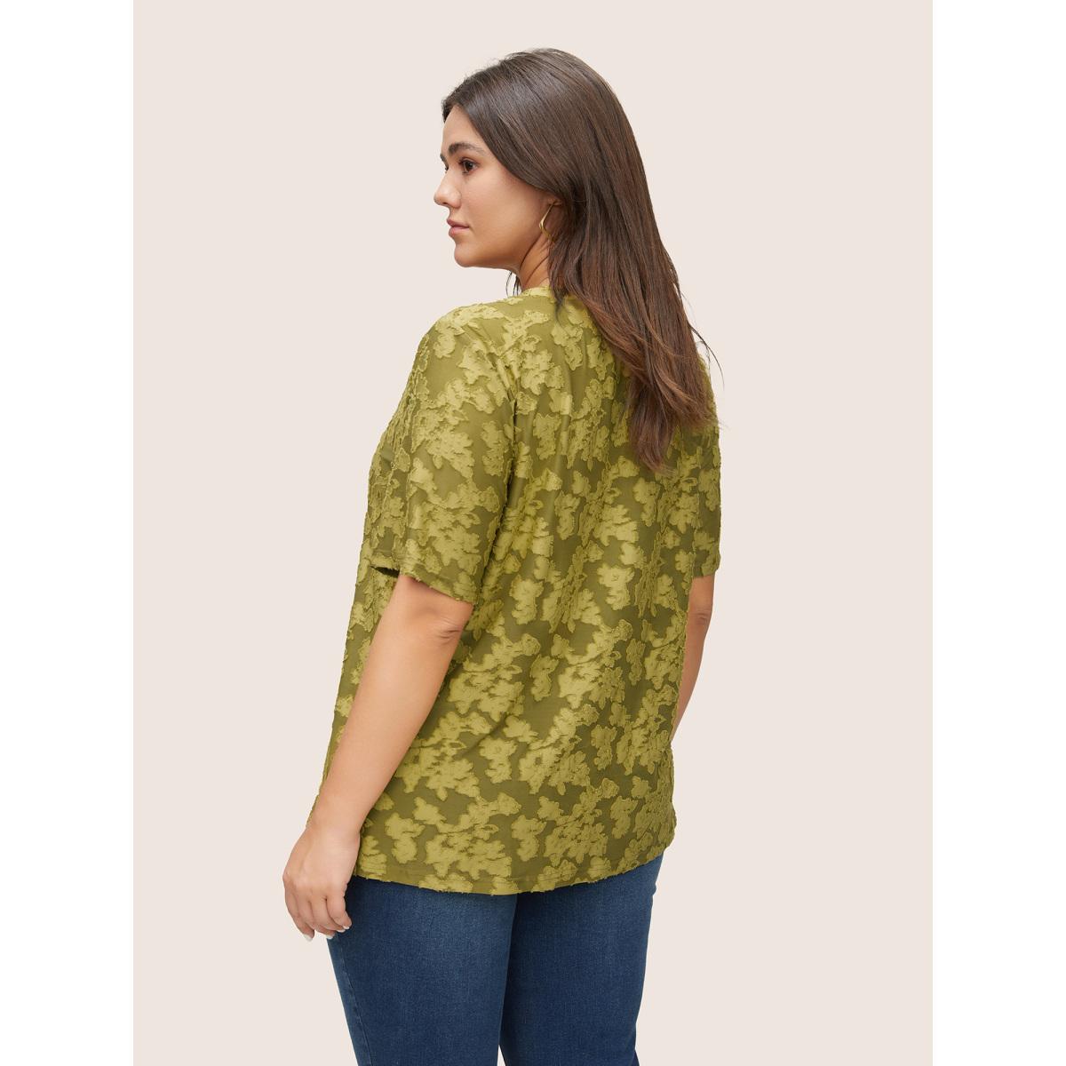 Plus Size Textured Silhouette Floral Print T-shirt Olive Women Elegant Texture Silhouette Floral Print Round Neck Everyday T-shirts BloomChic 12/L Product Image