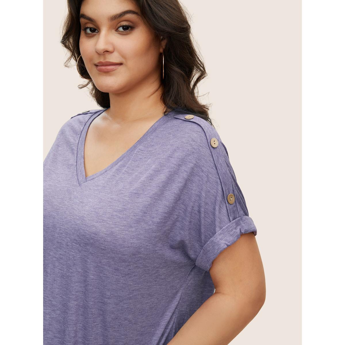 Plus Size Plain Button Detail Batwing Sleeve T-shirt Mauve Women Casual Plain V-neck Everyday T-shirts BloomChic 14-16/1X Product Image