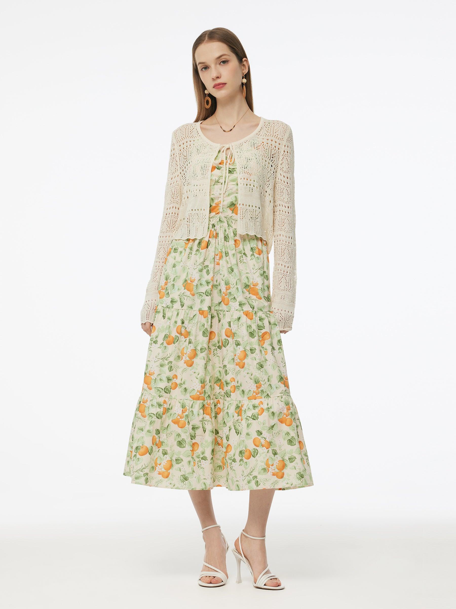 Cotton Floral Print Strap Maxi Dress And Openwork Cardigan Two-Piece S Product Image