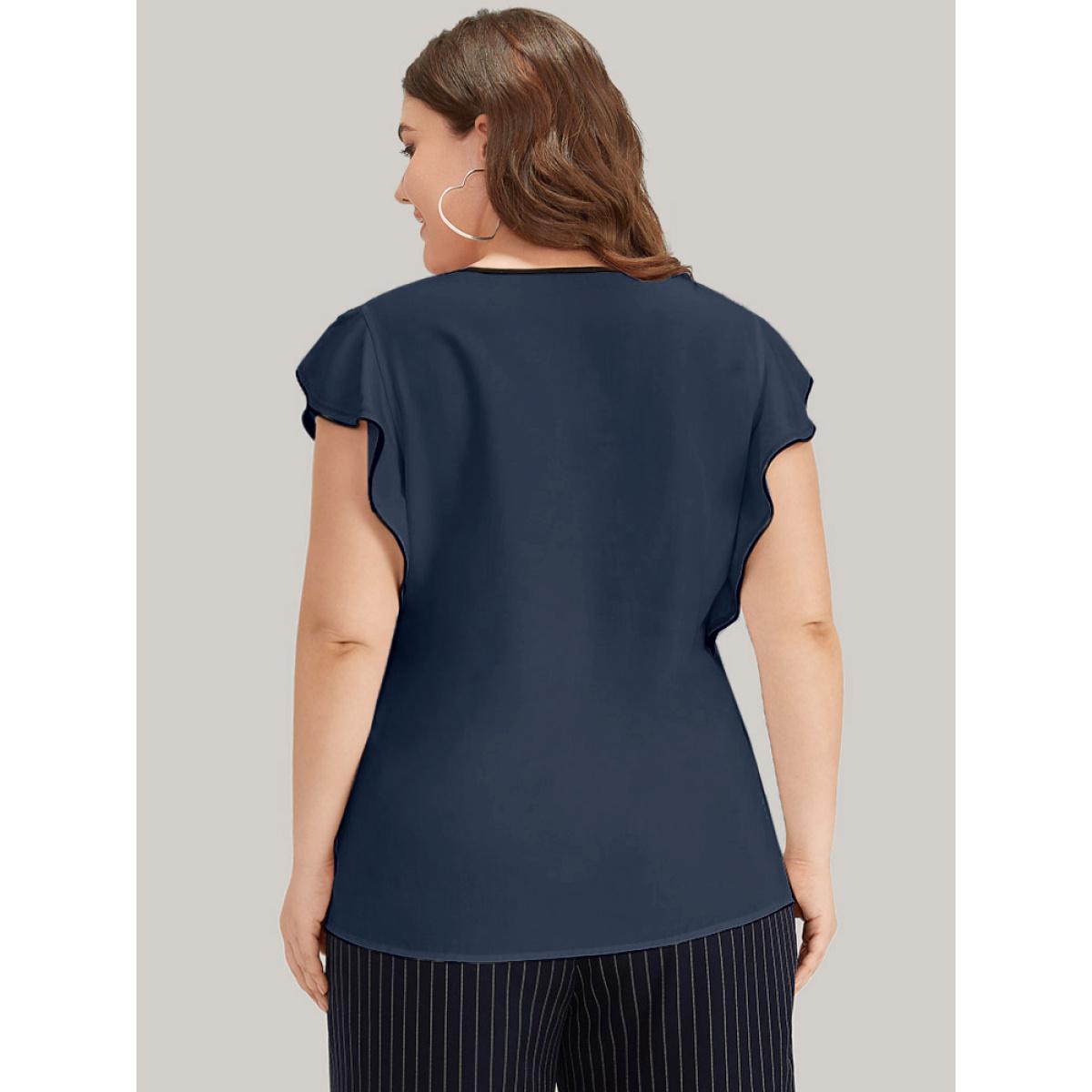 Plus Size Indigo Contrast Keyhole Ruffle Trim Cap Sleeve Blouse Women Office Cap Sleeve Keyhole Cut-Out Office Blouses BloomChic 22-24/3X Product Image