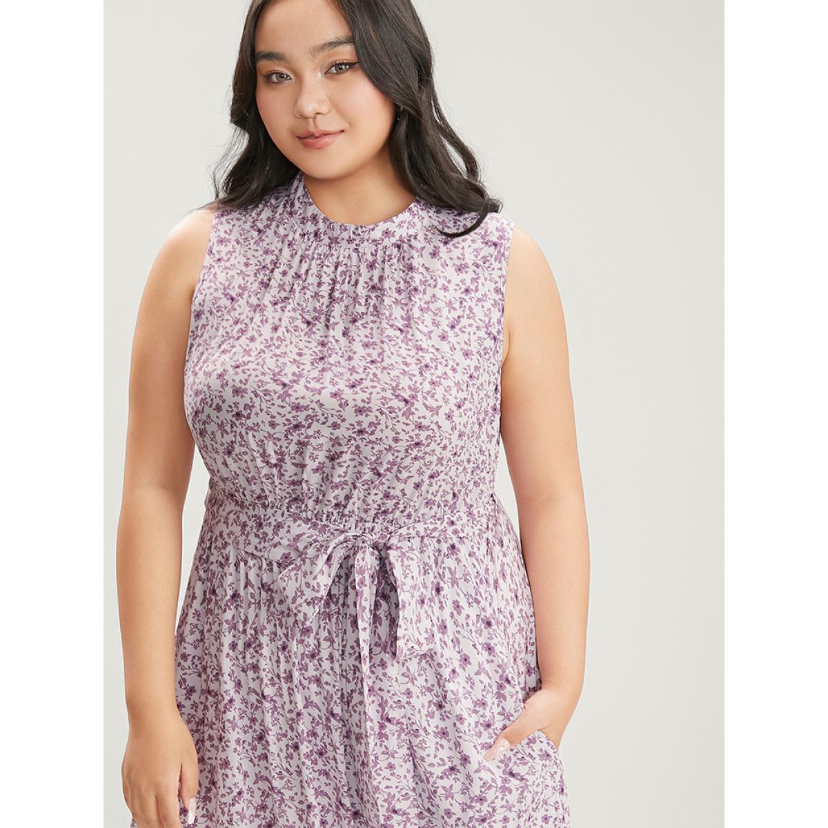 Plus Size Ditsy Floral Keyhole Pocket Belted Mock Neck Ruffles Dress Lavender Women Elegant Pocket Mock Neck Sleeveless Curvy Midi Dress BloomChic 22-24/3X Product Image