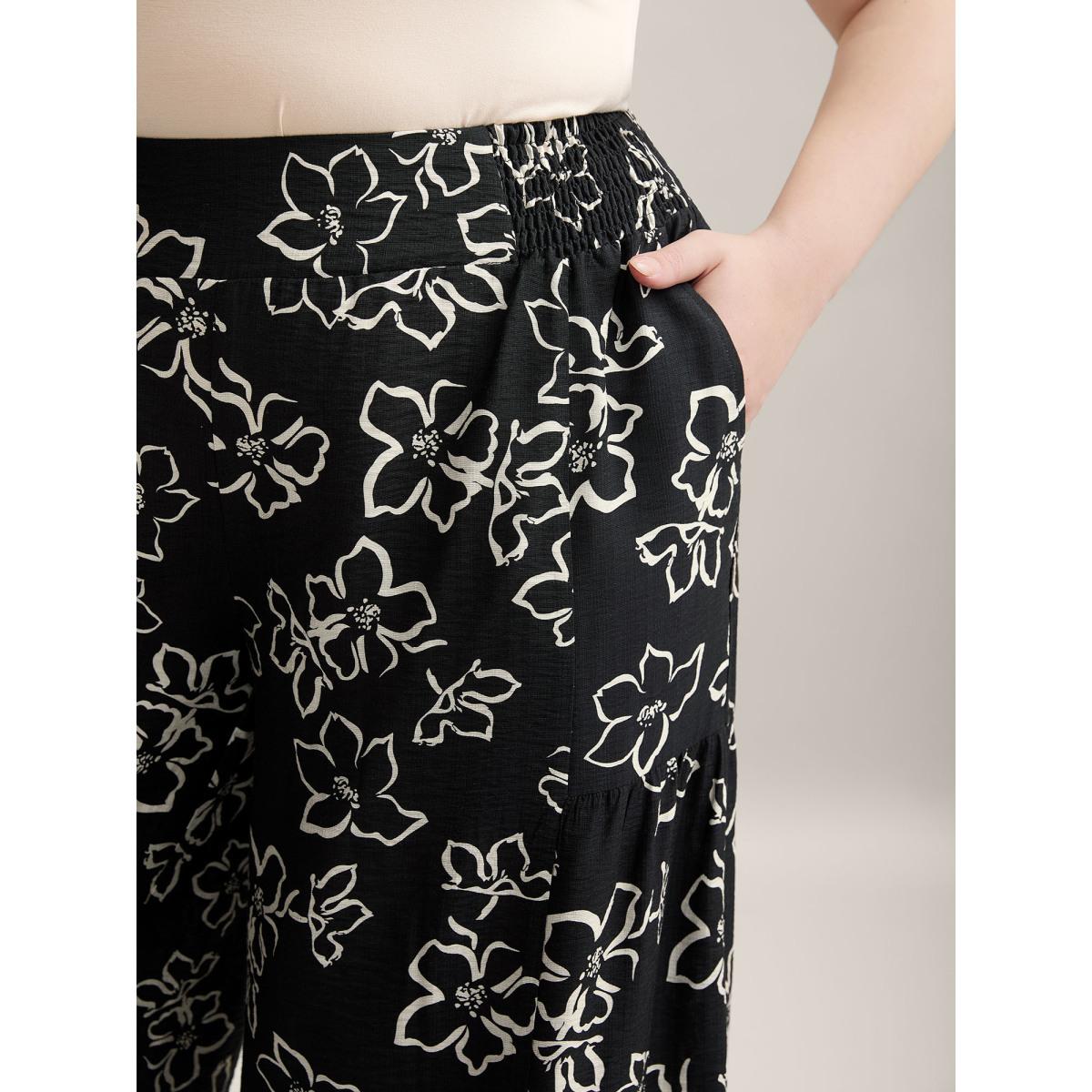 Plus Size Floral Shirred Waist Wide-Leg Pants Women BlackFlower Resort Wide Leg Mid Rise Vacation Pants BloomChic 18-20/2X Product Image